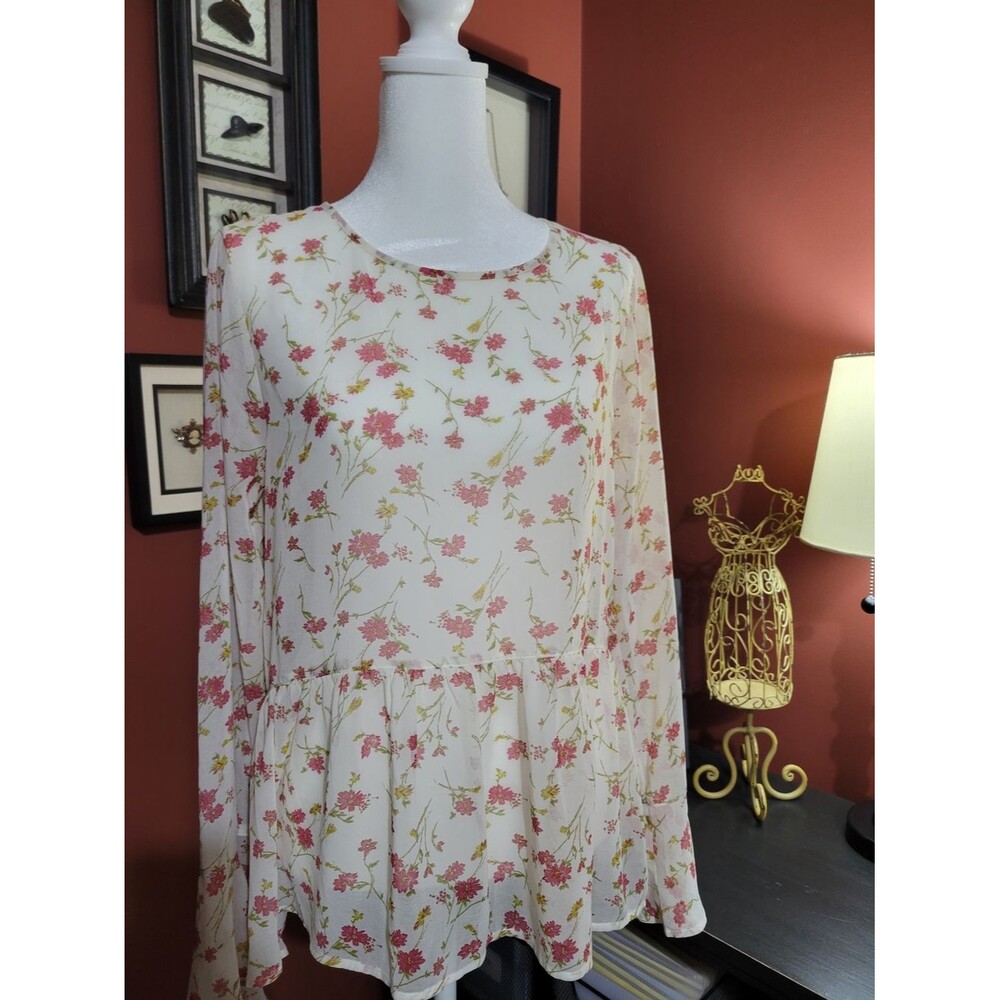 krazy kat Women's M White Long-Sleeve Floral Blouse Boho Cottagecore New Romant